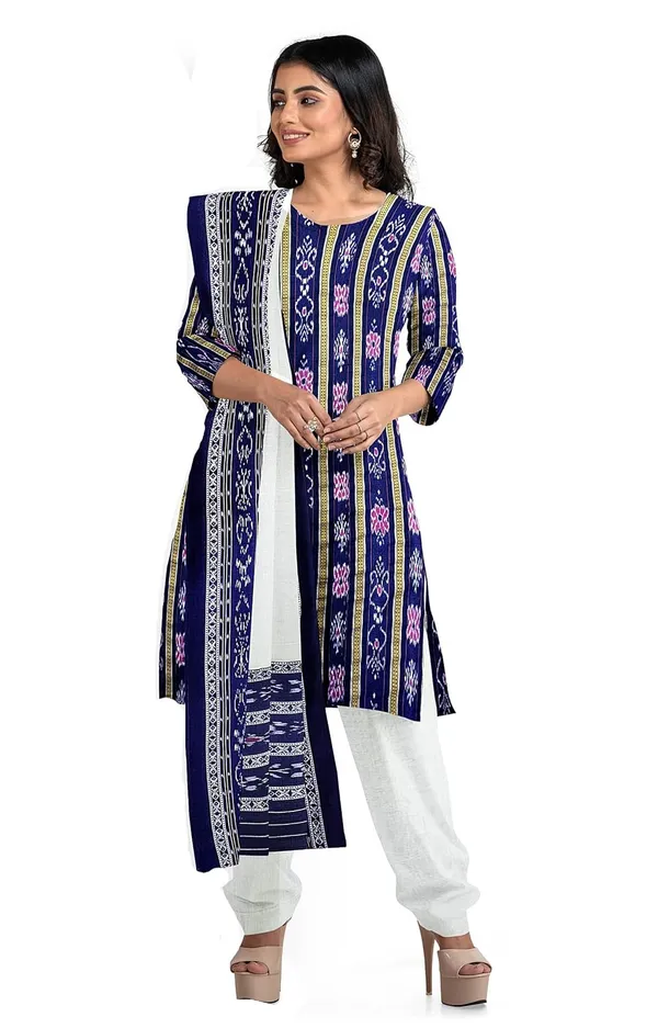 Multicolor_Pure_Cotton_Sambalpuri_Handloom_Dress_Material_With_Dupatta_Bottom_Wear_3_Piece_Set
