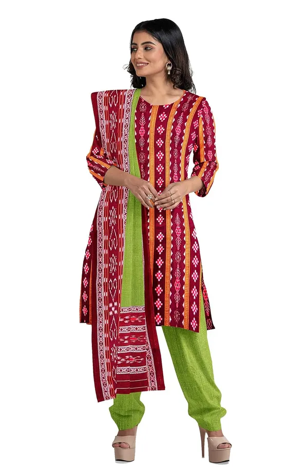 Multicolor_Pure_Cotton_Sambalpuri_Handloom_Dress_Material_With_Dupatta_Bottom_Wear_3_Piece_Set