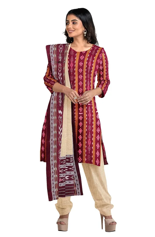 Multicolor_Pure_Cotton_Sambalpuri_Handloom_Dress_Material_With_Dupatta_Bottom_Wear_3_Piece_Set