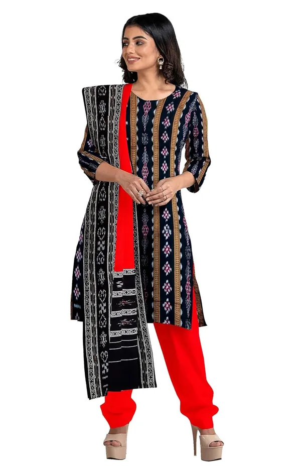 Multicolor_Pure_Cotton_Sambalpuri_Handloom_Dress_Material_With_Dupatta_Bottom_Wear_3_Piece_Set