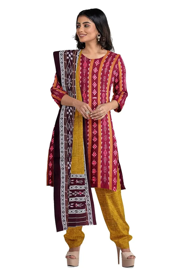 Multicolor_Pure_Cotton_Sambalpuri_Handloom_Dress_Material_With_Dupatta_Bottom_Wear_3_Piece_Set