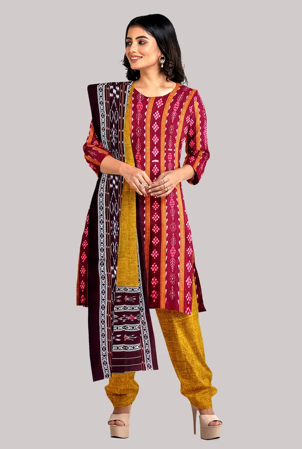Multicolor_Pure_Cotton_Sambalpuri_Handloom_Dress_Material_With_Dupatta_Bottom_Wear_3_Piece_Set