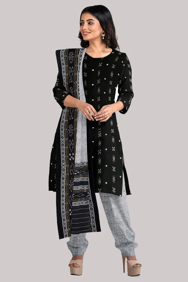 Multicolor_Pure_Cotton_Sambalpuri_Handloom_Dress_Material_With_Dupatta_Bottom_Wear_3_Piece_Set