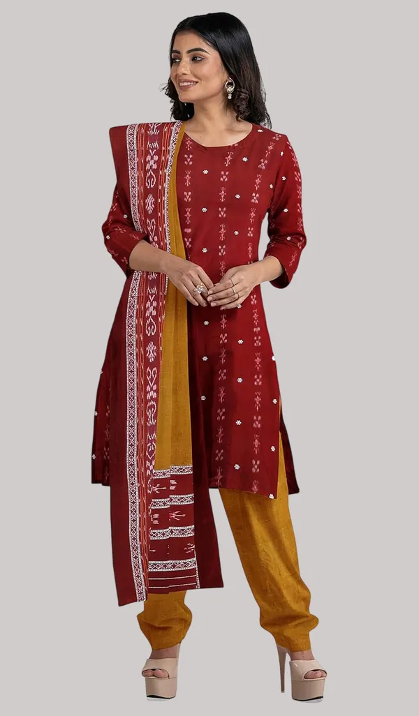 Multicolor_Pure_Cotton_Sambalpuri_Handloom_Dress_Material_With_Dupatta_Bottom_Wear_3_Piece_Set