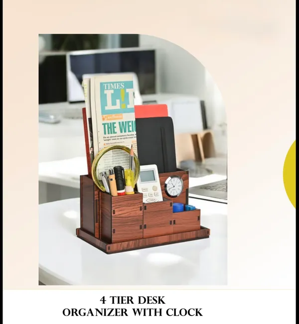 Wooden_4_Tier_Desk_Organizer_With_Clock