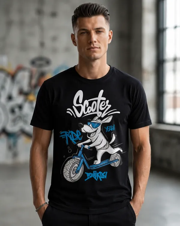 Men_Scooter_Graphic_T_Shirt_Cotton_Casual_Wear_India_Black