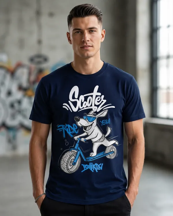 Men_Scooter_Graphic_T_Shirt_Cotton_Casual_Wear_India_Navy