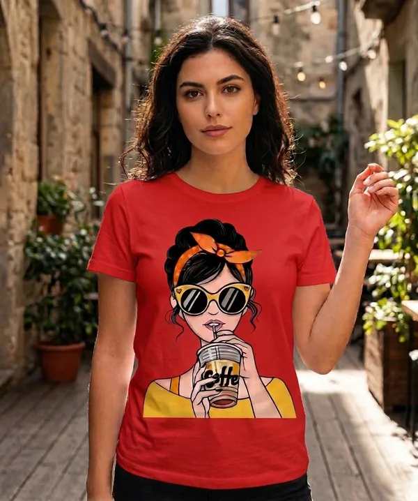 Coffee_Sipper_Graphic_Women's_Cotton_T-Shirt_Under_500_–_Red