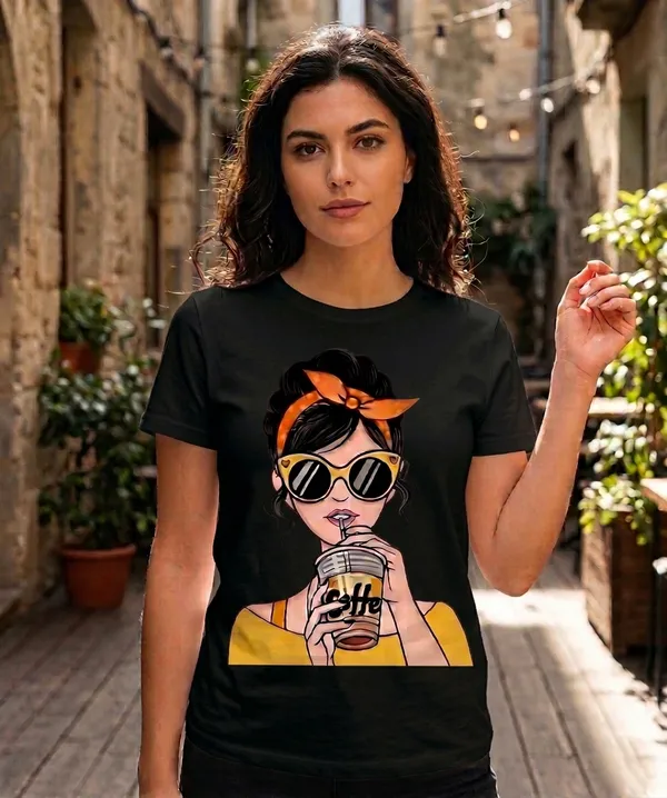 Coffee_Sipper_Graphic_Women's_Cotton_T-Shirt_Under_500_–_Black