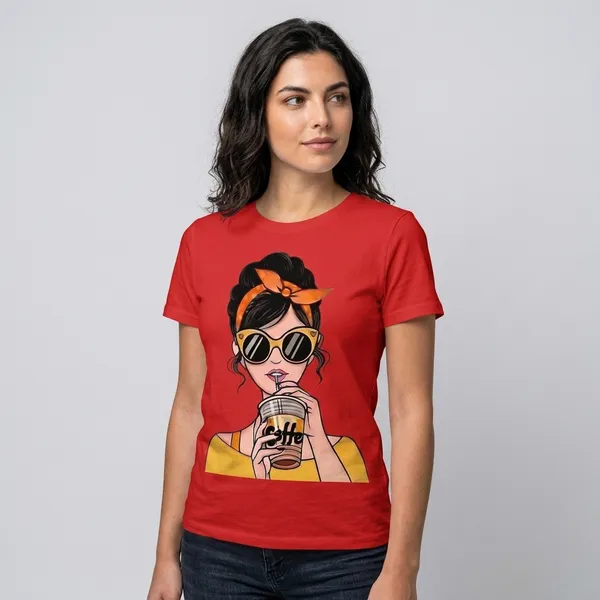 Coffee_Sipper_Graphic_Women's_Cotton_T-Shirt_Under_500_–_Red