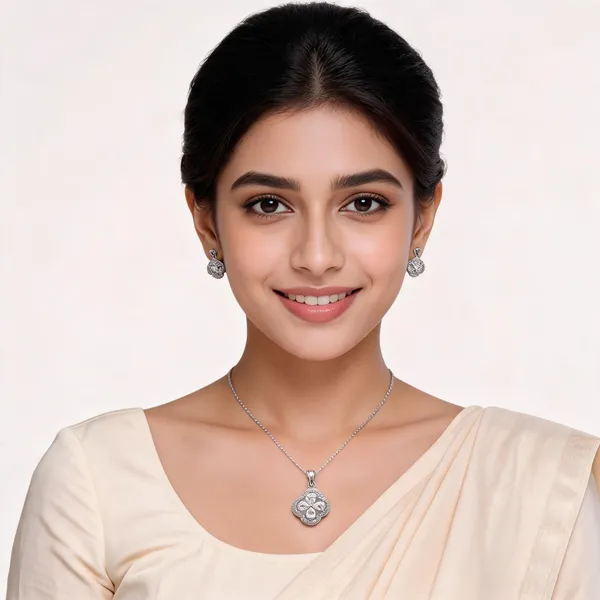 Silver_Floral_Pendant_And_Earrings_Set_For_Women