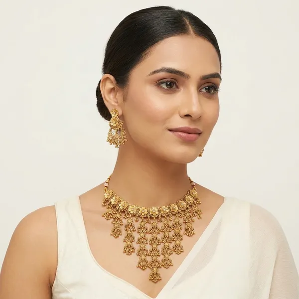 Gold_Plated_Kundan_Choker_Necklace_Set_With_Jhumka_Earrings