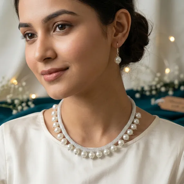 Silver_And_White_Alloy_Pearl_Mesh_Necklace_And_Earrings_Set_For_Women_Pack_Of_2