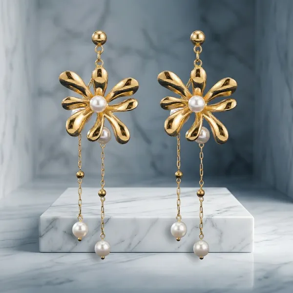 Gold_And_White_Pearl_Flower_Drop_Earrings_For_Women