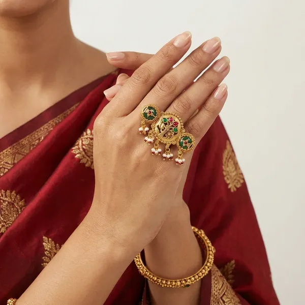 Gold_Plated_Green_Stone_Peacock_Motif_Adjustable_Finger_Ring