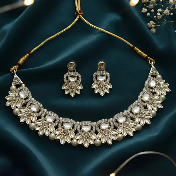 Gold_And_White_Alloy_Kundan_Floral_Necklace_Set_For_Women