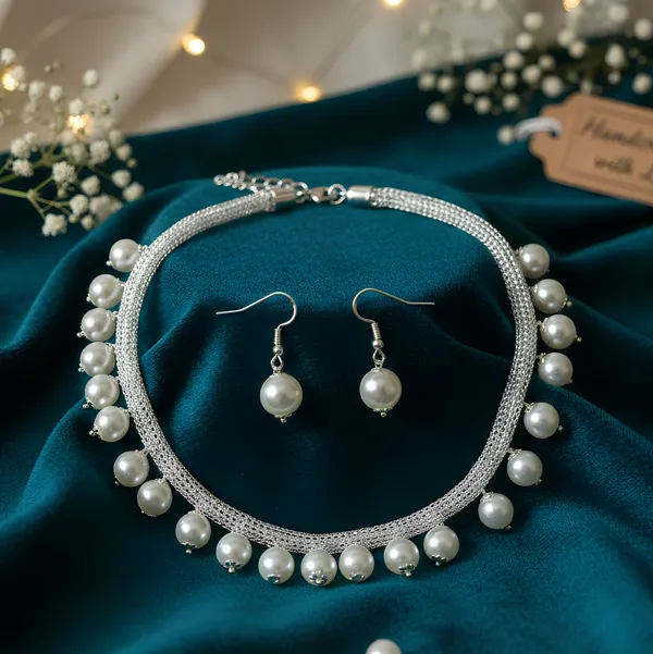 Silver_And_White_Alloy_Pearl_Mesh_Necklace_And_Earrings_Set_For_Women_Pack_Of_2