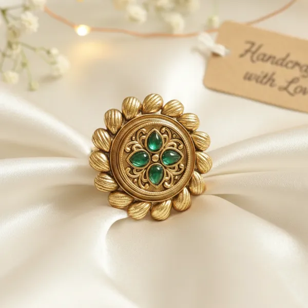 Gold_And_Green_Alloy_Sunflower_Ring_With_Stone_Accents_For_Women