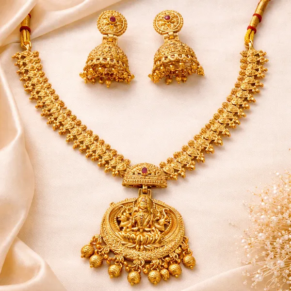 Gold_Alloy_Temple_Lakshmi_Pendant_Necklace_Set_With_Jhumka_For_Women