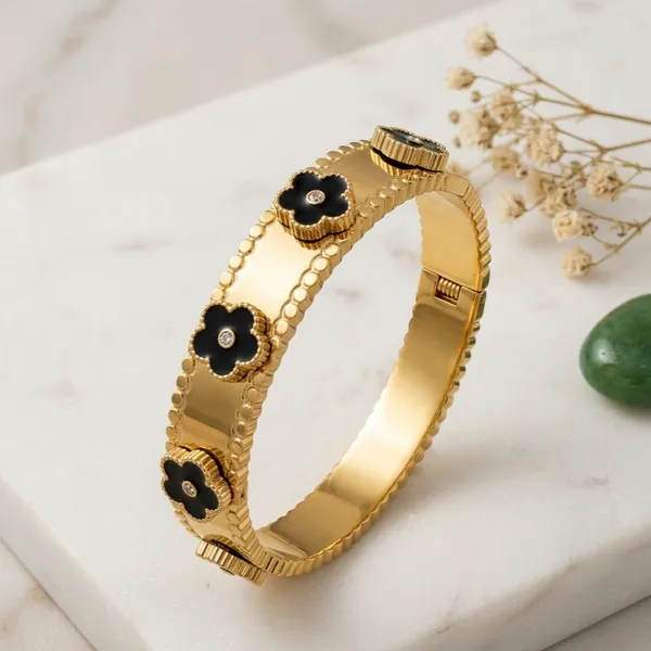 Gold_And_Black_Alloy_Enamel_Floral_Bracelet_For_Women