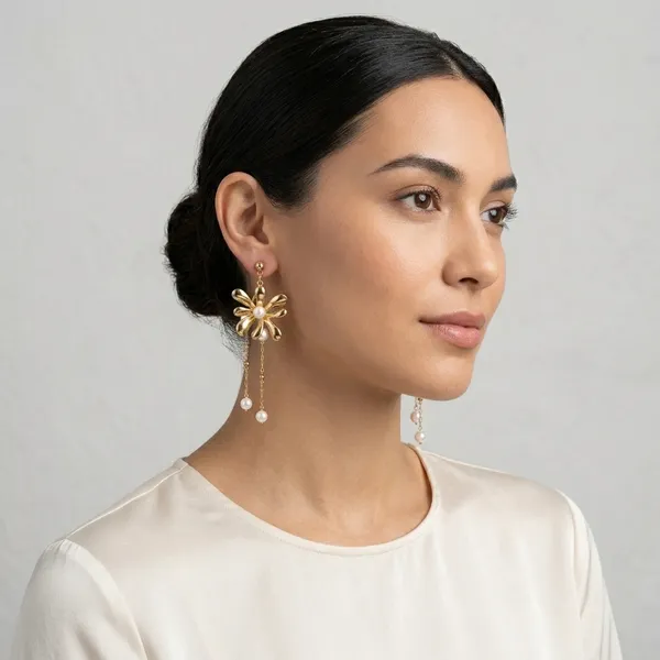 Gold_And_White_Pearl_Flower_Drop_Earrings_For_Women