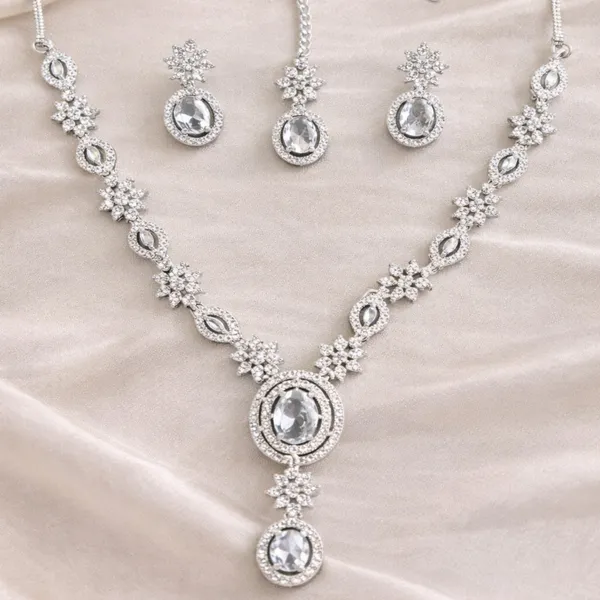 Silver_White_Alloy_Crystal_Teardrop_Necklace_And_Earrings_Set_For_Women