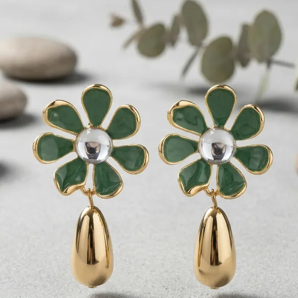 Green_And_Gold_Alloy_Resin_Floral_Drop_Earrings_For_Women