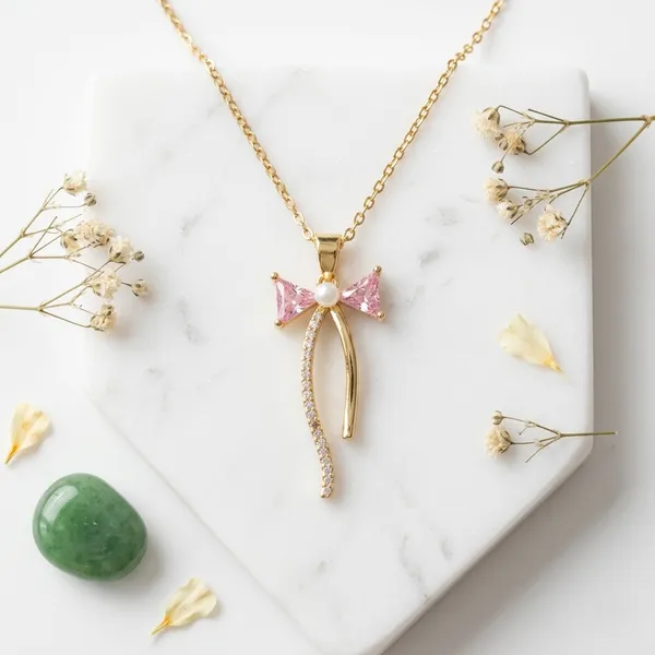 Pink_And_Gold_Alloy_Crystal_Bow_Pendant_Necklace_For_Women