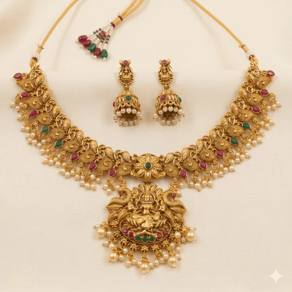 Gold_Plated_Temple_Design_Necklace_Set_With_Earrings_(Antique_Finish)