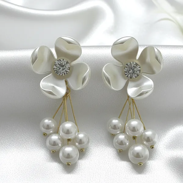 White_And_Gold_Alloy_Pearl_Floral_Drop_Earrings_For_Women
