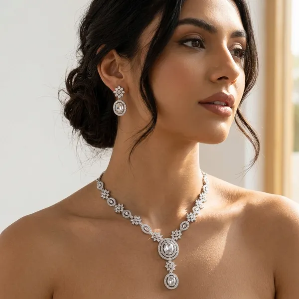 Silver_White_Alloy_Crystal_Teardrop_Necklace_And_Earrings_Set_For_Women