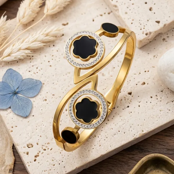 Black_And_Gold_Alloy_Crystal_Floral_Bangle_Bracelet_For_Women