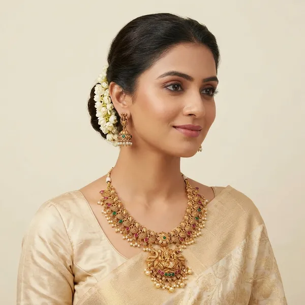 Gold_Plated_Temple_Design_Necklace_Set_With_Earrings_(Antique_Finish)