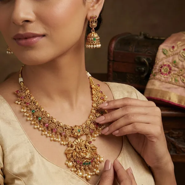 Gold_Plated_Temple_Design_Necklace_Set_With_Earrings_(Antique_Finish)