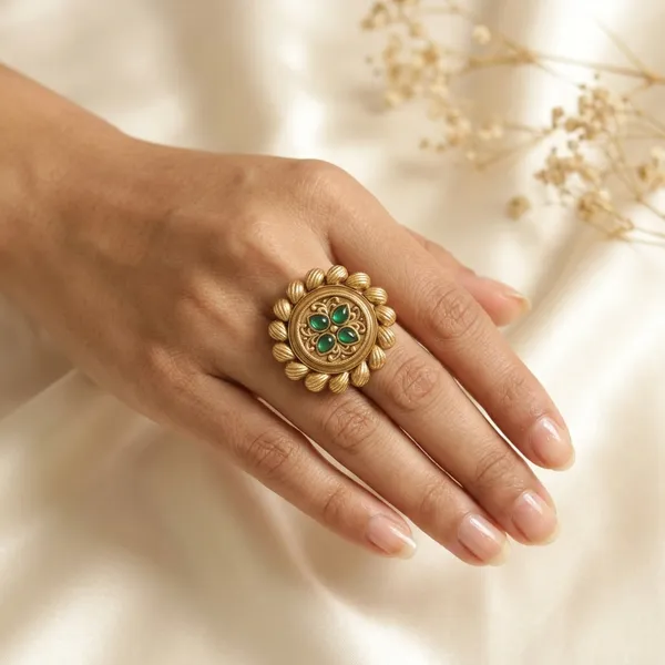 Gold_And_Green_Alloy_Sunflower_Ring_With_Stone_Accents_For_Women