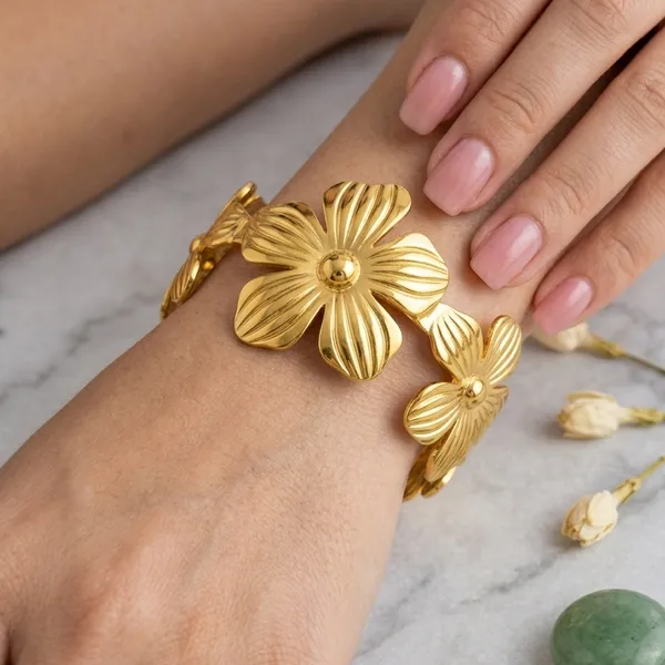 Gold_Alloy_Floral_Cuff_Bracelet_For_Women