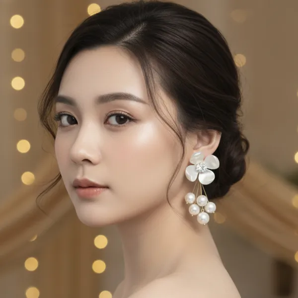 White_And_Gold_Alloy_Pearl_Floral_Drop_Earrings_For_Women