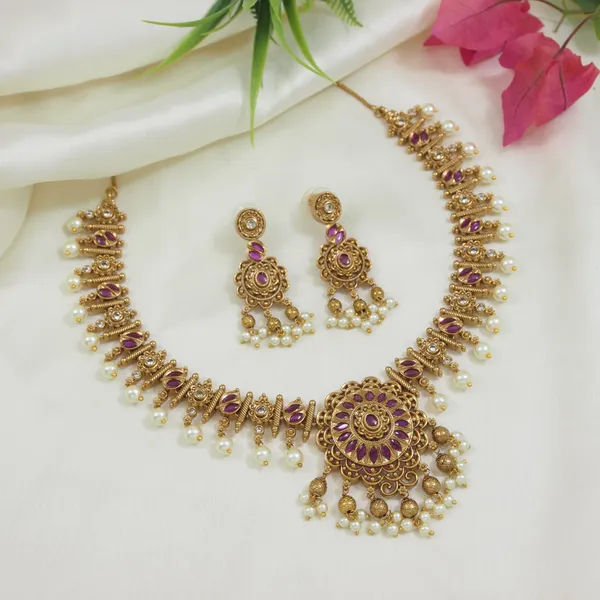 Antique_Gold_Plated_Multi_Stone_Necklace_Set_With_Earrings_For_Women