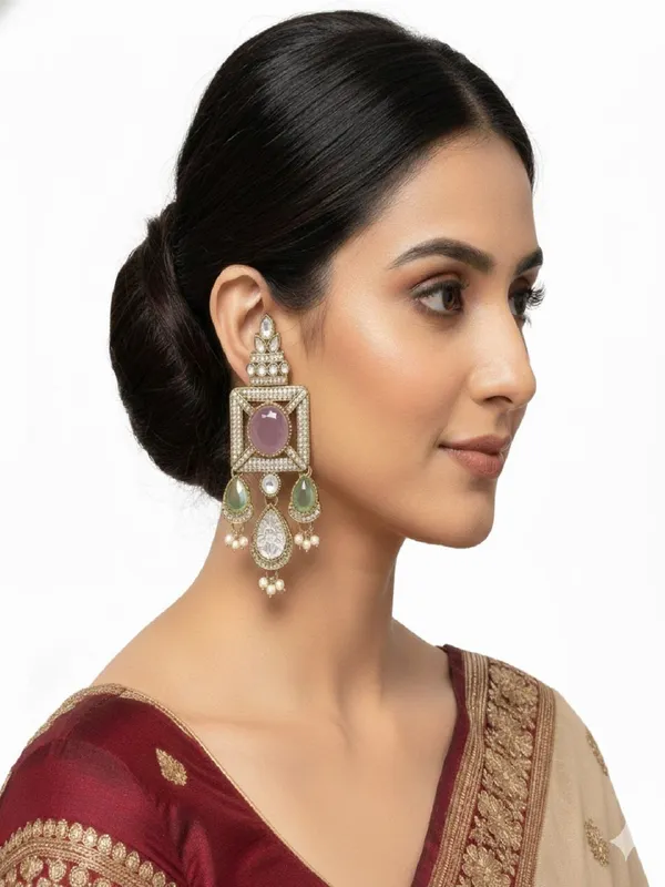 Gold_Plated_Ruby_Green_Stone_&_Pearl_Drop_Earrings
