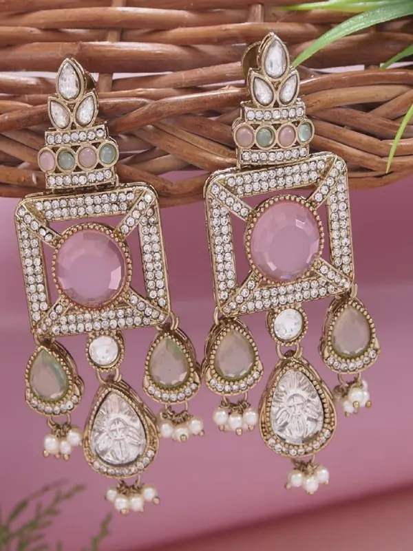 Gold_Plated_Ruby_Green_Stone_&_Pearl_Drop_Earrings