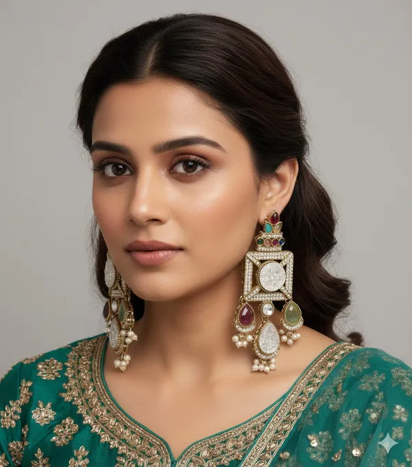 Gold_Plated_Ruby_Green_Stone_&_Pearl_Drop_Earrings