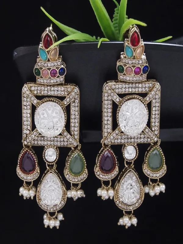 Gold_Plated_Ruby_Green_Stone_&_Pearl_Drop_Earrings