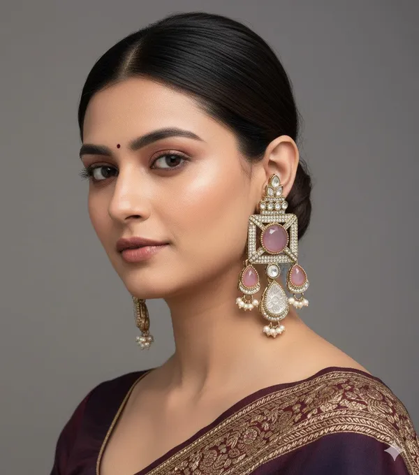 Gold_Plated_Ruby_Green_Stone_&_Pearl_Drop_Earrings