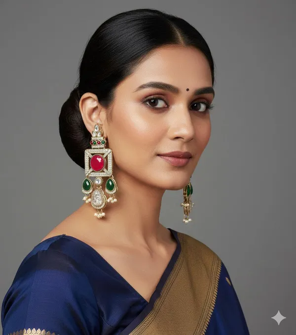 Gold_Plated_Ruby_Green_Stone_&_Pearl_Drop_Earrings