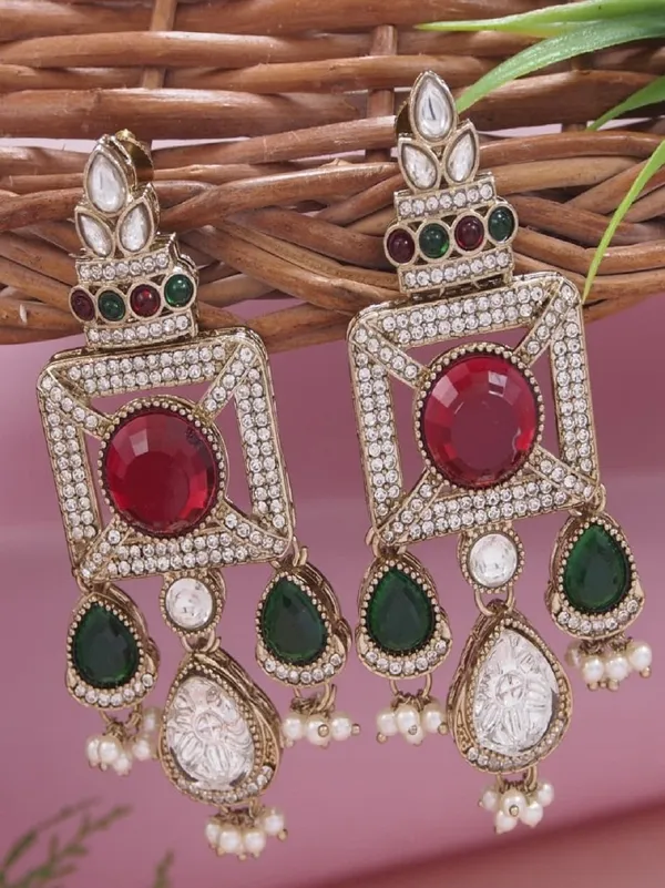 Gold_Plated_Ruby_Green_Stone_&_Pearl_Drop_Earrings