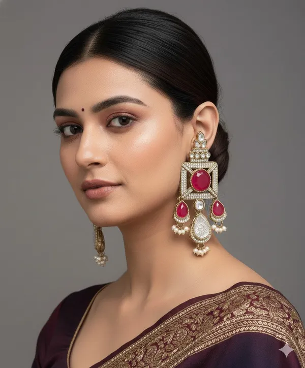 Gold_Plated_Ruby_Green_Stone_&_Pearl_Drop_Earrings