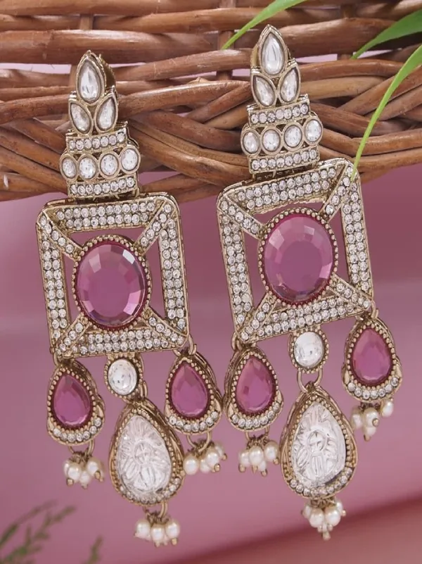 Gold_Plated_Ruby_Green_Stone_&_Pearl_Drop_Earrings