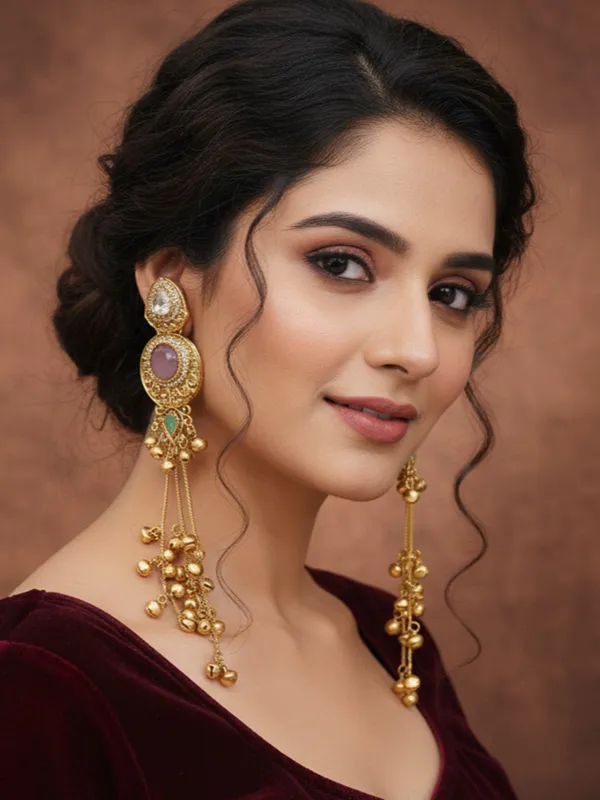 Gold_Plated_Kashmiri_Drop_Long_Earrings_With_Kundan_Detailing_&_Ghungroo_Work
