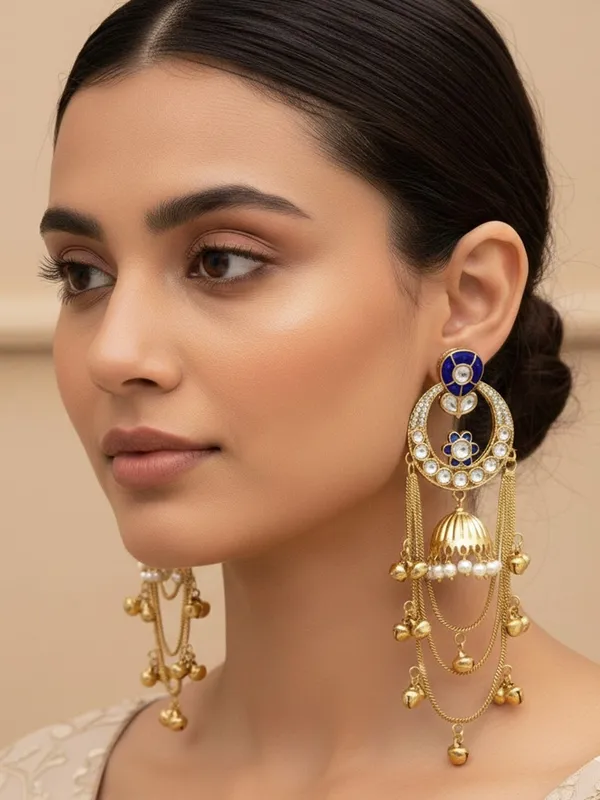 Ethnic_Kashmiri_Style_Gold_Plated_Drop_Earrings_With_Kundan_&_Bell_Tassels