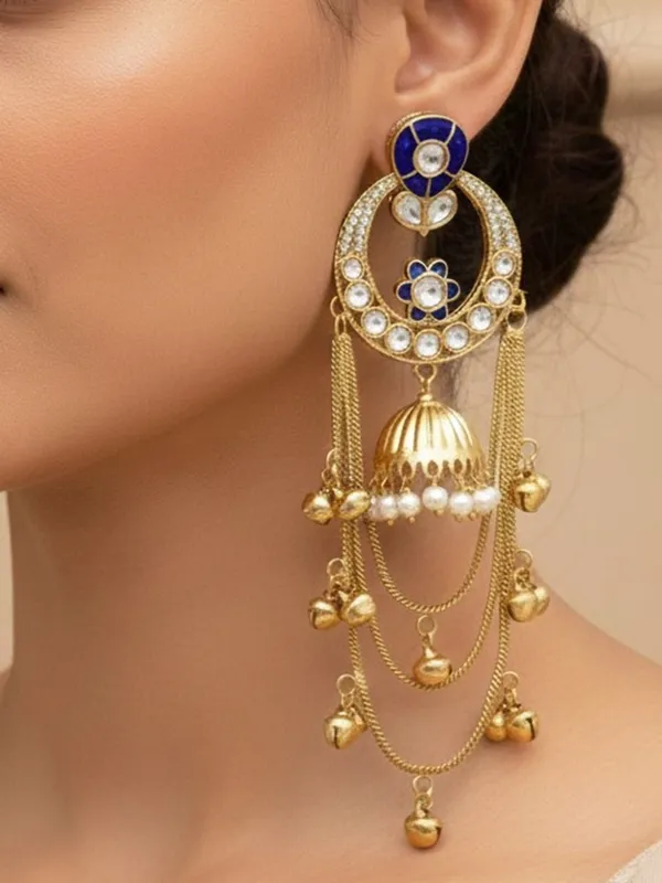 Ethnic_Kashmiri_Style_Gold_Plated_Drop_Earrings_With_Kundan_&_Bell_Tassels